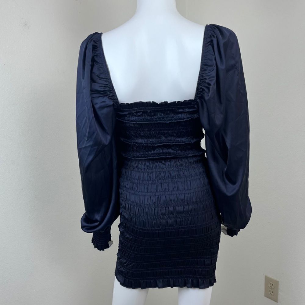 Dress Forum Women Size S Blue Smocked Satin Pullover Long Sleeve Mini NEW Dress - Picture 12 of 15